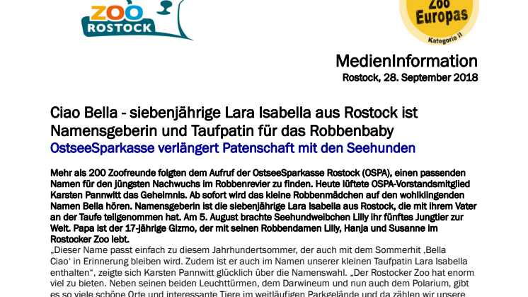 Ciao Bella - siebenjährige Lara Isabella aus Rostock ist Namensgeberin und Taufpatin für das Robbenbaby