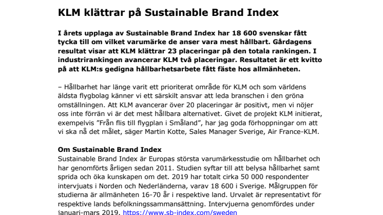 KLM klättrar på Sustainable Brand Index 