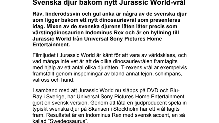 Svenska djur bakom nytt Jurassic World-vrål