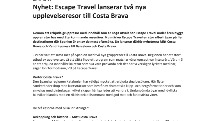 Nyhet: Escape Travel lanserar två nya upplevelseresor till Costa Brava