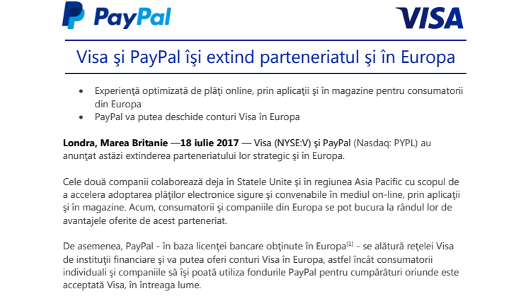 Visa şi PayPal îşi extind parteneriatul şi în Europa