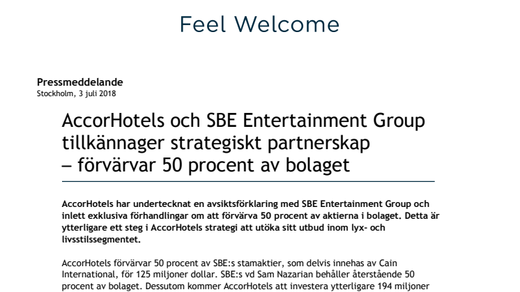 AccorHotels och SBE Entertainment Group tillkännager strategiskt partnerskap  – förvärvar 50 procent av bolaget