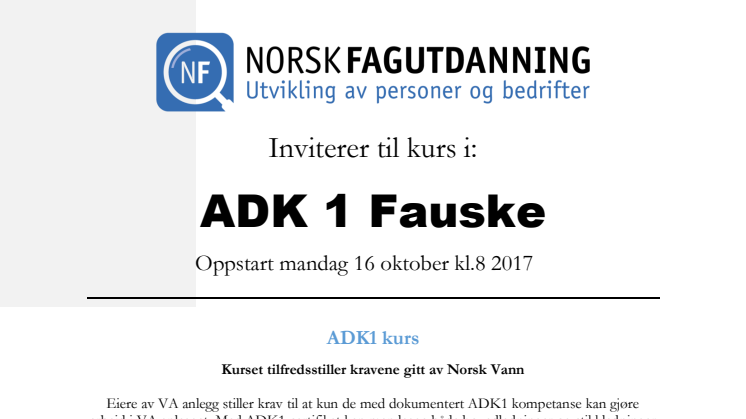 Invitasjon til ADK 1 kurs på Fauske med oppstart mandag 16 oktober 2017