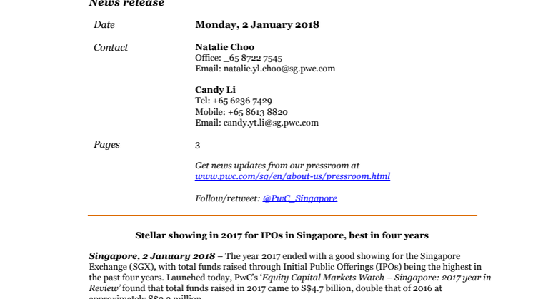 Stellar showing in 2017 for IPOs in Singapore, best in four years