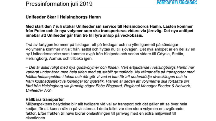 ​Unifeeder ökar i Helsingborgs Hamn