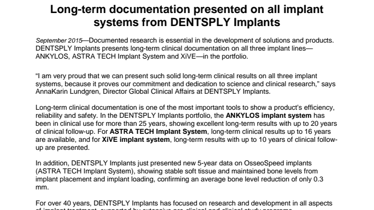 Long-term documentation presented on all implant systems from DENTSPLY Implants 