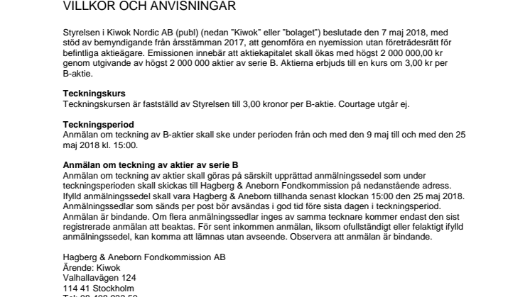 Kiwok villkor och anvisningar