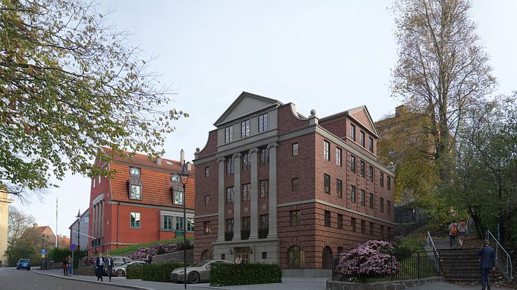 Den nya byggnaden med joniska pilastrar och rustik stil ska smälta in i den 100-åriga miljön i klassiska Lorensbergs Villastad. Illustration: TMRW/TB-Gruppen