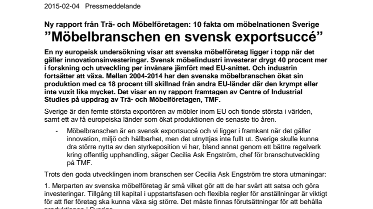 Ny rapport från Trä- och Möbelföretagen; 10 fakta om möbelnationen Sverige: ”Möbelbranschen en svensk exportsuccé” 