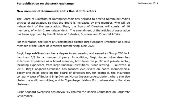 New member of KommuneKredit’s Board of Directors