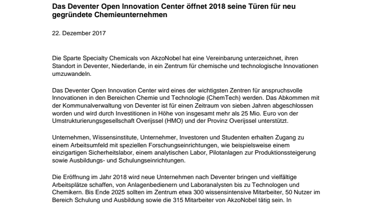 Das Deventer Open Innovation Center öffnet 2018 seine Türen für neu gegründete Chemieunternehmen