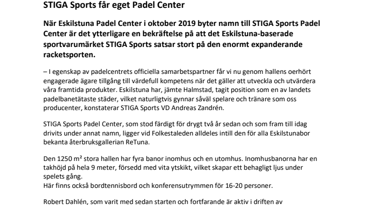  STIGA Sports får eget Padel Center