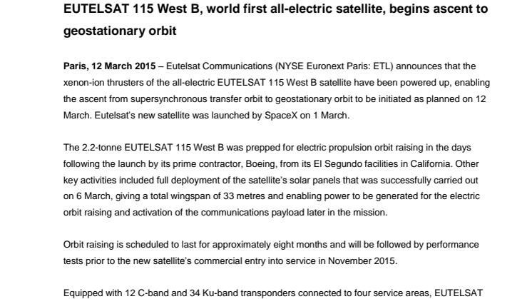 EUTELSAT 115 West B, world first all-electric satellite, begins ascent to geostationary orbit  