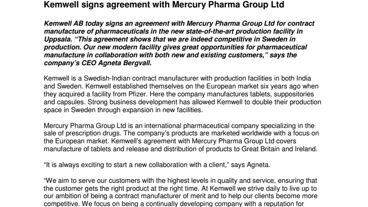 Kemwell signs agreement with Mercury Pharma Group Ltd
