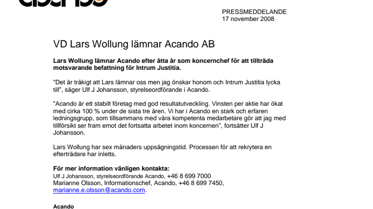 VD Lars Wollung lämnar Acando AB