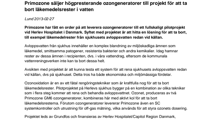 Primozone säljer till projekt för borttaganing av läkemedelsrester på Herlev Hospitalet i Danmark