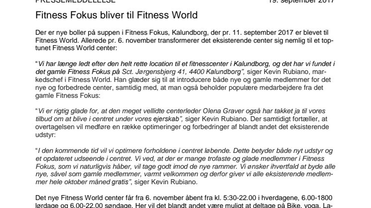Fitness Fokus Kalundborg bliver til Fitness World 