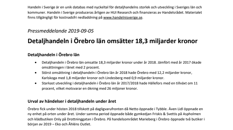 Detaljhandeln i Örebro län omsätter 18,3 miljarder kronor 