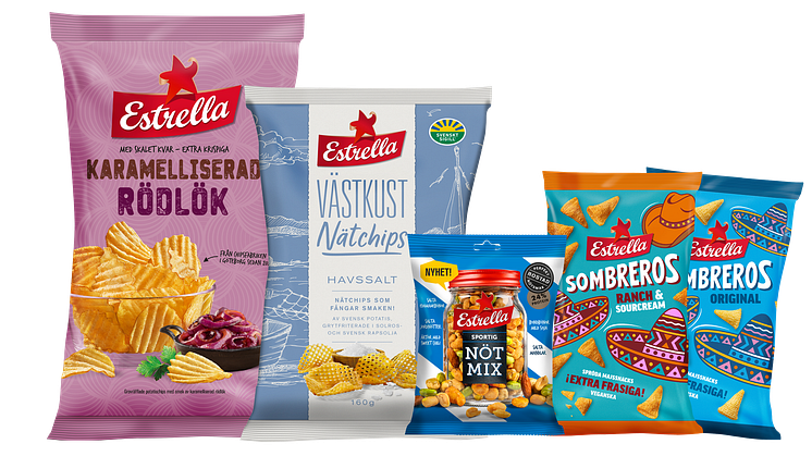 Nyheter vecka 33 2021 från Estrella: Karamelliserad Rödlök, Västkust Nätchips Havssalt, Sportig Nötmix, Sombreros Ranch & Sourcream och ny design på Sombreros Original