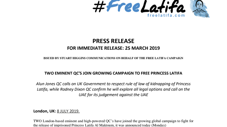 TWO EMINENT QC’S JOIN GROWING CAMPAIGN TO FREE PRINCESS LATIFA #FREELATIFA