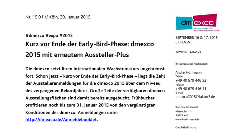 Kurz vor Ende der Early-Bird-Phase: dmexco 2015 mit erneutem Aussteller-Plus