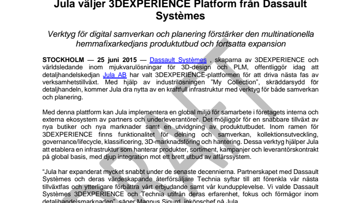 Jula väljer 3DEXPERIENCE Platform från Dassault Systèmes