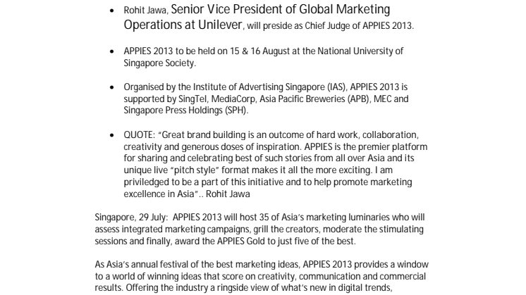 APPIES 2013 Ropes in Asia's top Marketers to Moderate, Assess and Award 100 of the Best Campaigns