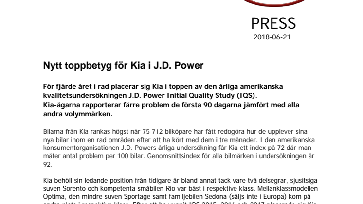 Nytt toppbetyg för Kia i J.D. Powers kvalitetsindex