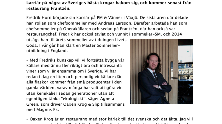 Fredrik Horn är ny restaurangchef på Oaxen Krog