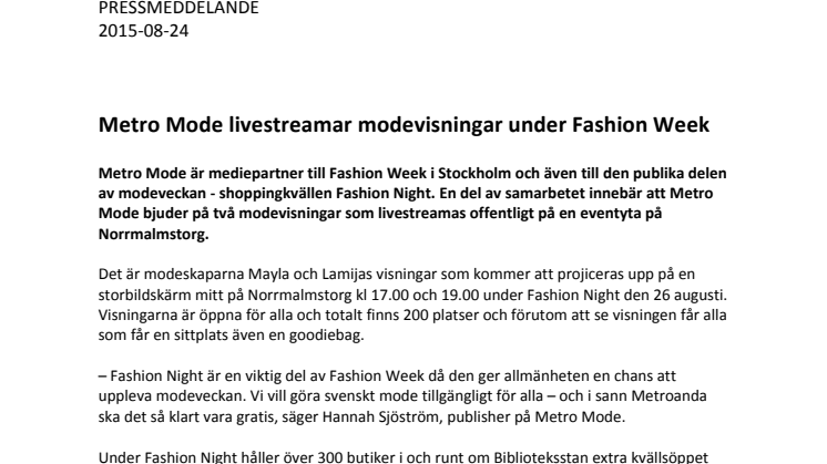 Metro Mode livestreamar modevisningar under Fashion Week 