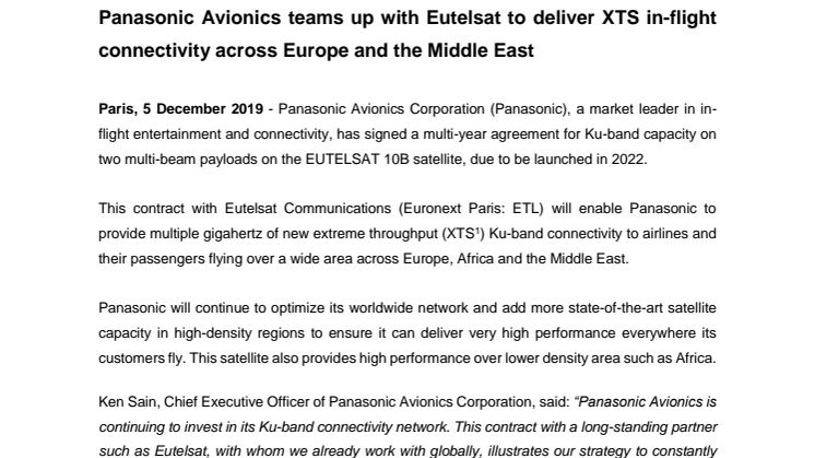 Panasonic Avionics teams up with Eutelsat to deliver XTS in-flight connectivity across Europe and the Middle East