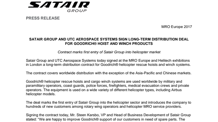 Satair Group and UTC Aerospace Systems sign long - term distribution deal for Goodrich hoists and winch products