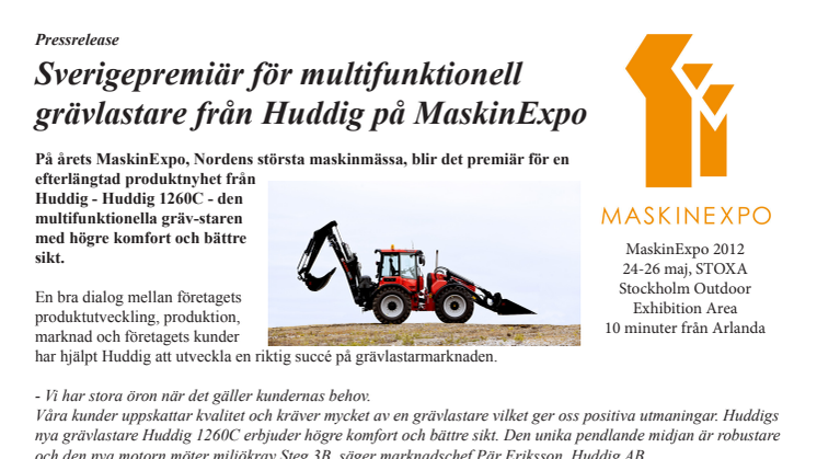 Sverigepremiär för multifunktionell grävlastare från Huddig på MaskinExpo