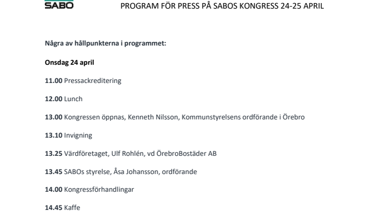 Pressprogram på SABOs kongress i Örebro 24-25 april 2019