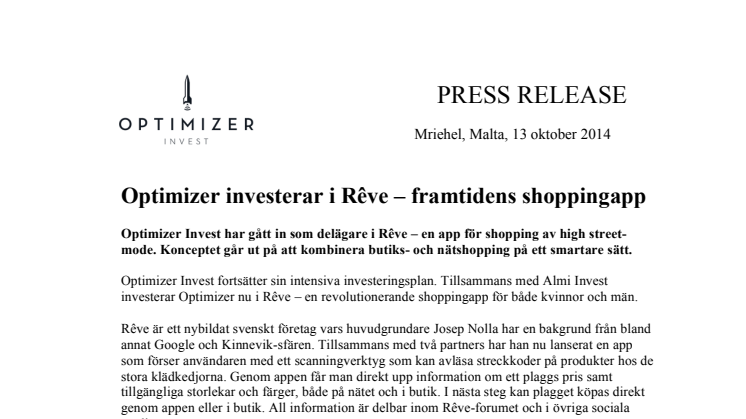 Optimizer investerar i Rêve – framtidens shoppingapp