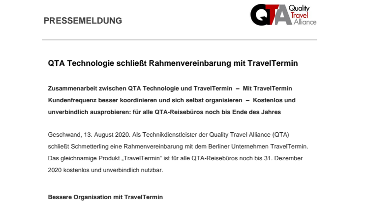 QTA Technologie schließt Rahmenvereinbarung mit TravelTermin