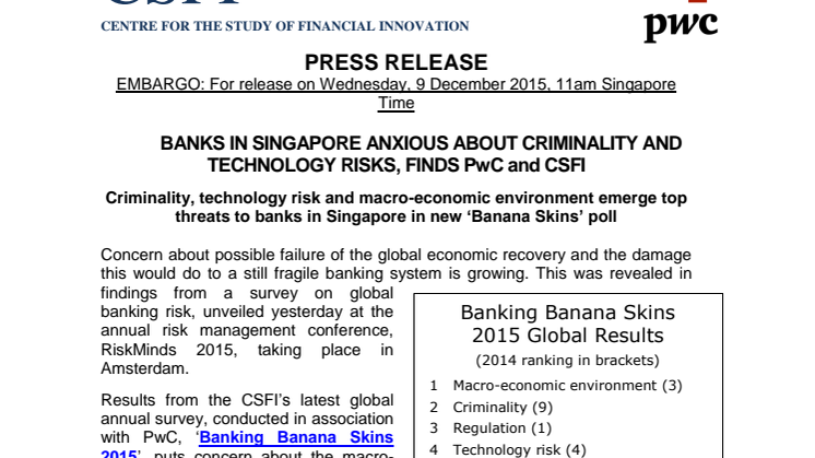 Banks in Singapore anxious about criminality and technology risks, finds PwC and CSFI