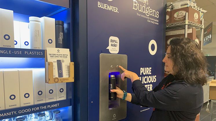 The Thornton's Budgens supermarket in north London is now serving pure water on demand from a Bluewater dispenser to shoppers who want to avoid single-use plastic water bottles.