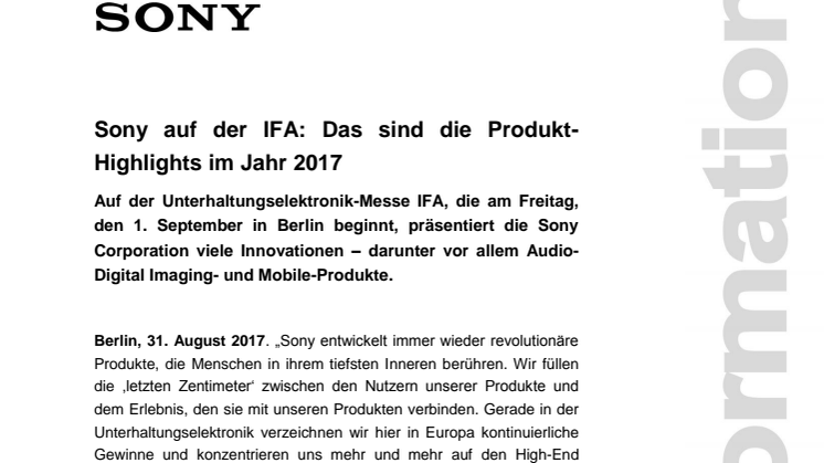 Sony auf der IFA: Das sind die Produkt-Highlights im Jahr 2017