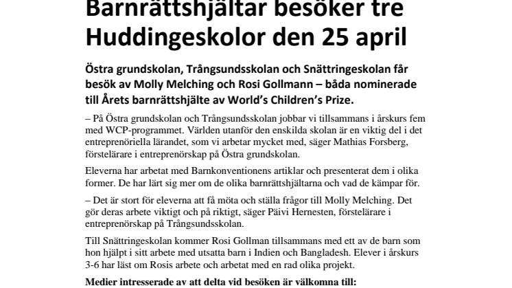 Barnrättshjältar besöker tre Huddingeskolor den 25 april