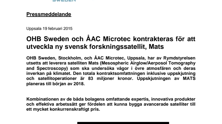 Pressmeddelande: OHB Sweden och ÅAC Microtec kontrakteras för att utveckla ny svensk forskningssatellit, Mats