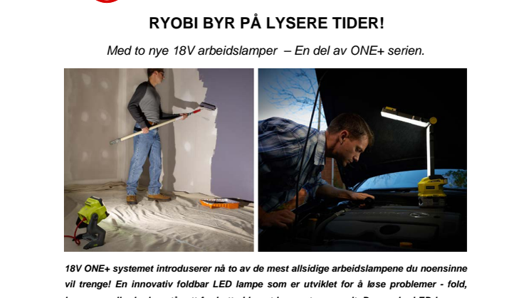 Ryobi byr på lysere tider med to nye 18V arbeidslamper