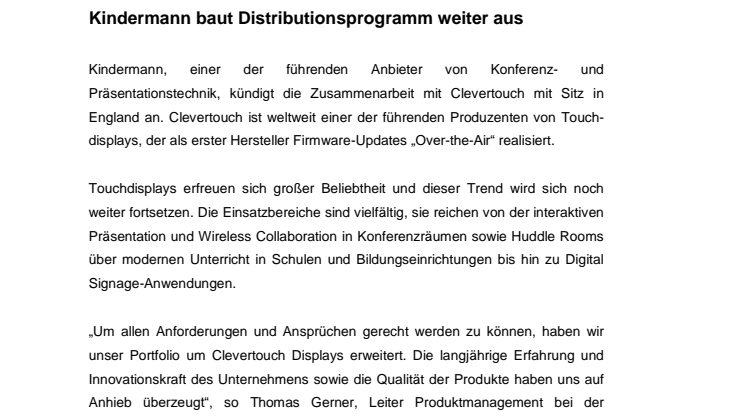 Kindermann baut mit Clevertouch sein Distributionsprogramm weiter aus