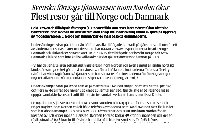 Svenska företags tjänsteresor inom Norden ökar – Flest resor går till Norge och Danmark