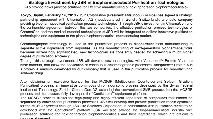 Strategic Investment by JSR in Biopharmaceutical Purification Technologies