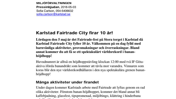 Pressinbjudan: Karlstad Fairtrade City firar 10 år!
