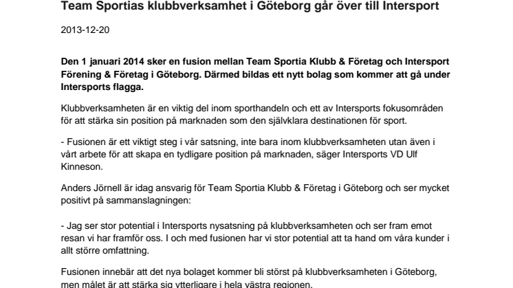 Team Sportias klubbverksamhet i Göteborg går över till Intersport