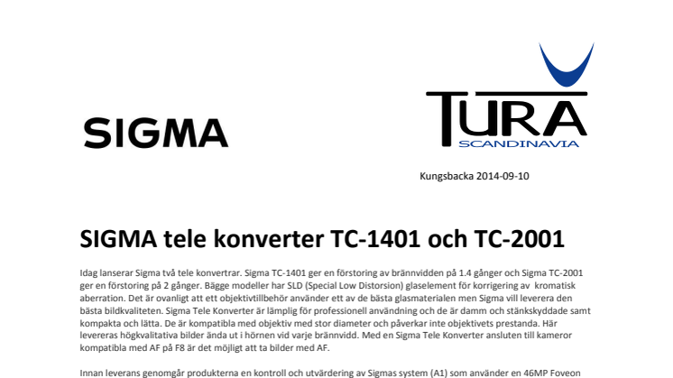 SIGMA tele konverter TC-1401 och TC-2001