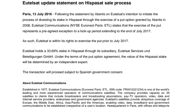 Eutelsat update statement on Hispasat sale process