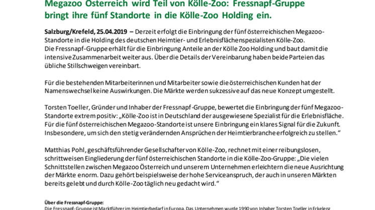 Megazoo Österreich wird Kölle Zoo: Fressnapf-Gruppe bringt ihre fünf Standorte in die Kölle Zoo Holding ein.